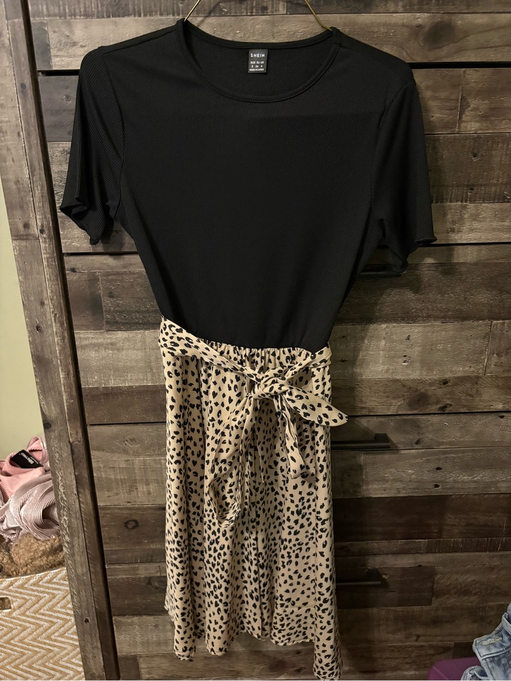 SHEIN Black Ribbed Top Dress with Cream Leopard Tie-Waist Skirt